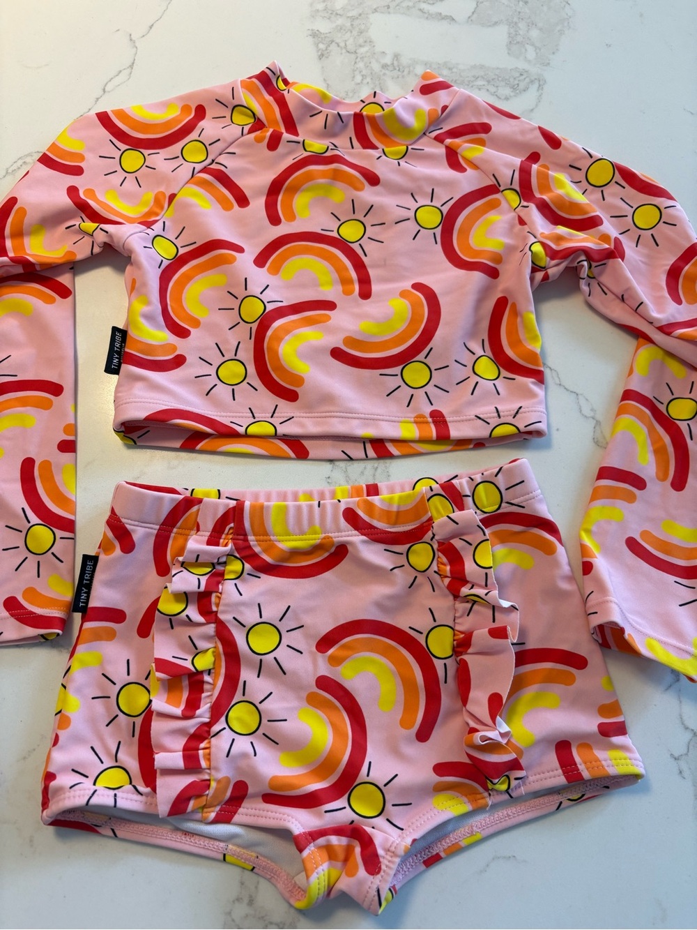 Kids Pink Rainbow & Sun Rashguard Set - Long Sleeve Top & Shorts